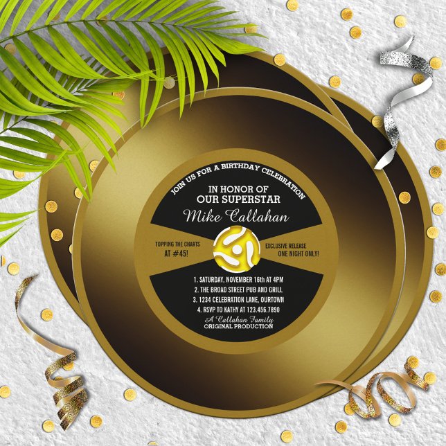 Gold Record Vinyl 45 Birthday Party Invitation (Creator Uploaded)