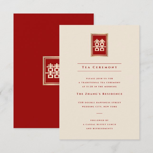Gold Rectangle Double Happiness Chinese Wedding Invitation (Front/Back)