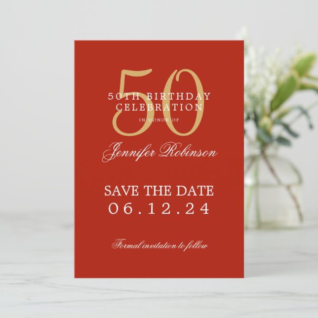 Gold Red 50th Birthday Party Save the Date  Invitation (Standing Front)