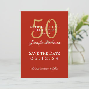 Gold Red 50th Birthday Party Save the Date Invitation
