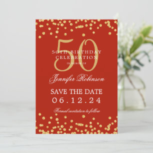 Gold Red 50th Birthday Save the Date Details Invitation