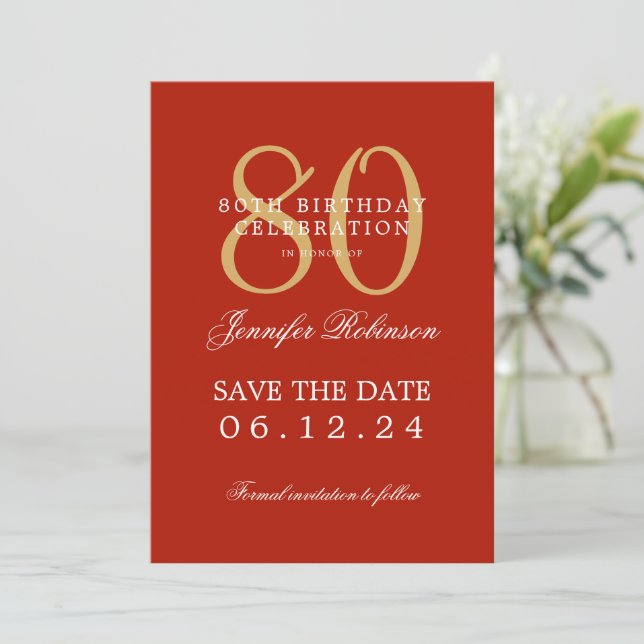 Gold Red 80th Birthday Save the Date Details Invitation (Standing Front)