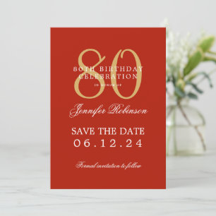 Gold Red 80th Birthday Save the Date Details Invitation