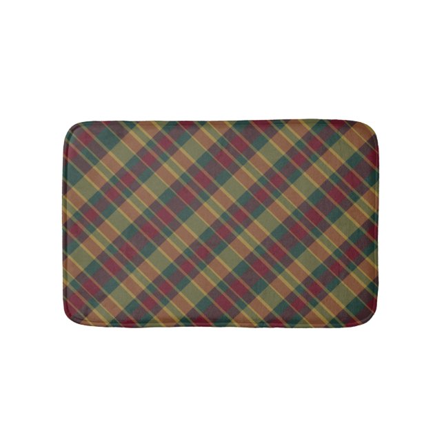 Gold Red And Green Christmas Plaid Print Bath Mat (Front)