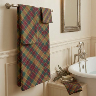 Gold Red And Green Christmas Plaid Print Bath Towel Set