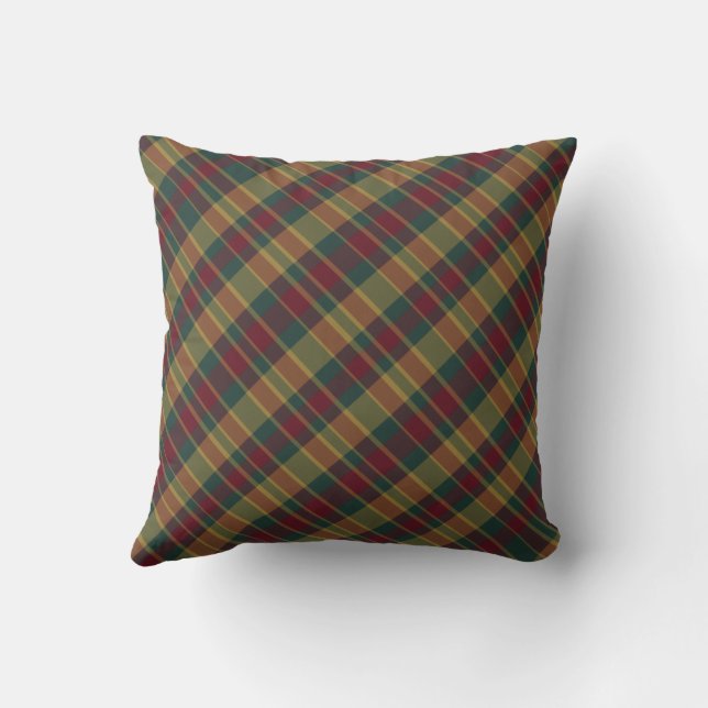 Gold Red And Green Christmas Plaid Print Cushion (Back)