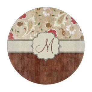 Gold, Red and White Floral on Parchment Monogram Cutting Board