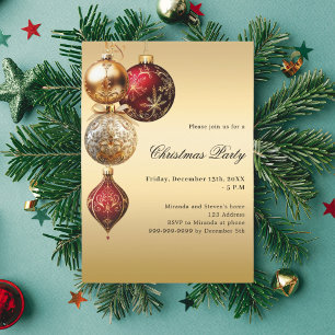 Gold red baubles Christmas Party Invitation