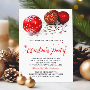 Gold Red Baubles Simple Stylish Christmas Party Invitation