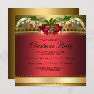 Gold Red bells & Baubles Christmas Party Invite