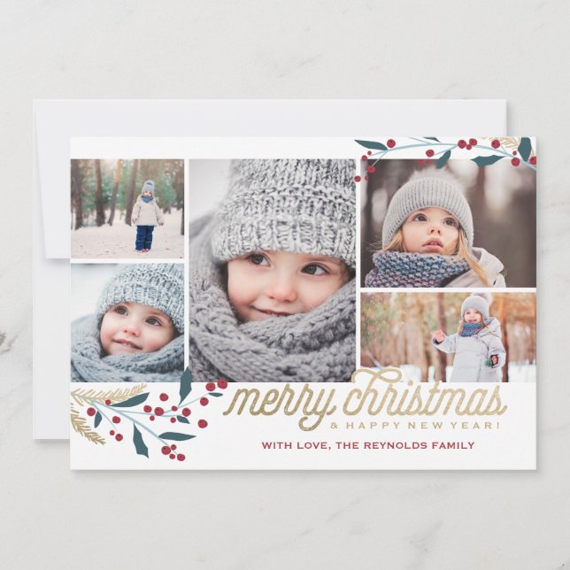 Gold Red Berries 5 Photo Collage | Merry Christmas Holiday Card (Front)