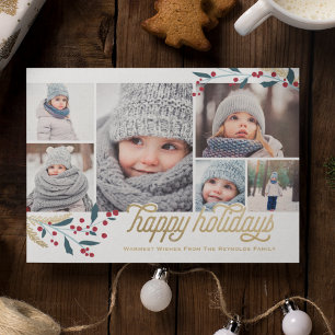 Gold Red Berries 6 Photo Collage   Happy Holidays Holiday Card
