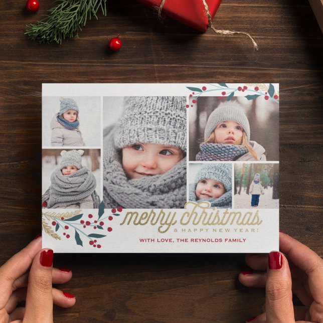 Gold Red Berries 6 Photo Collage | Merry Christmas Holiday Card (Creator Uploaded)