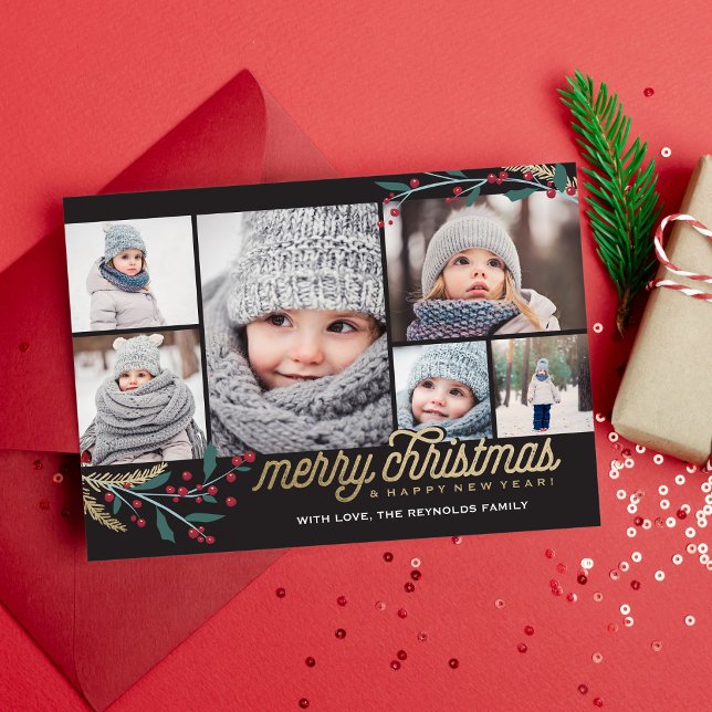 Gold Red Berries 6 Photo Collage | Merry Christmas Holiday Card (Creator Uploaded)