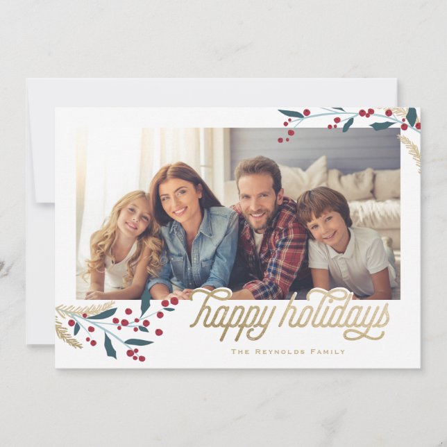Gold Red Berries Frame | Happy Holidays Holiday Card (Front)