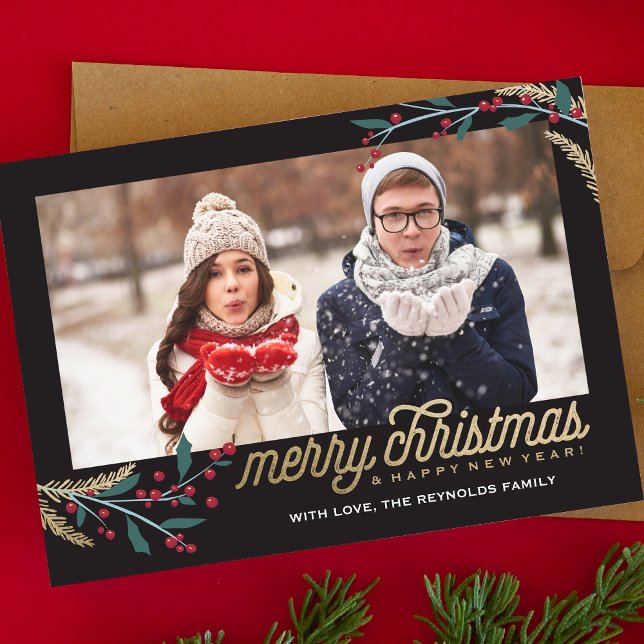 Gold Red Berries Photo Frame | Merry Christmas Holiday Card (Creator Uploaded)