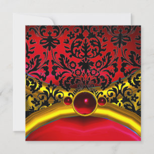 GOLD RED BLACK DAMASK RUBY GEM STONE  MONOGRAM INVITATION