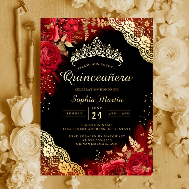 Gold Red Black Floral Lace Quinceanera  (Creator Uploaded)