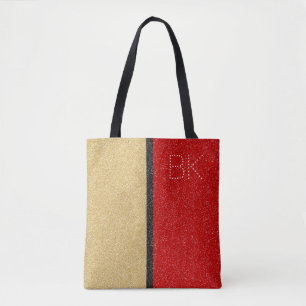 Gold Red Black Glitter Chic Monogram Personalised Tote Bag