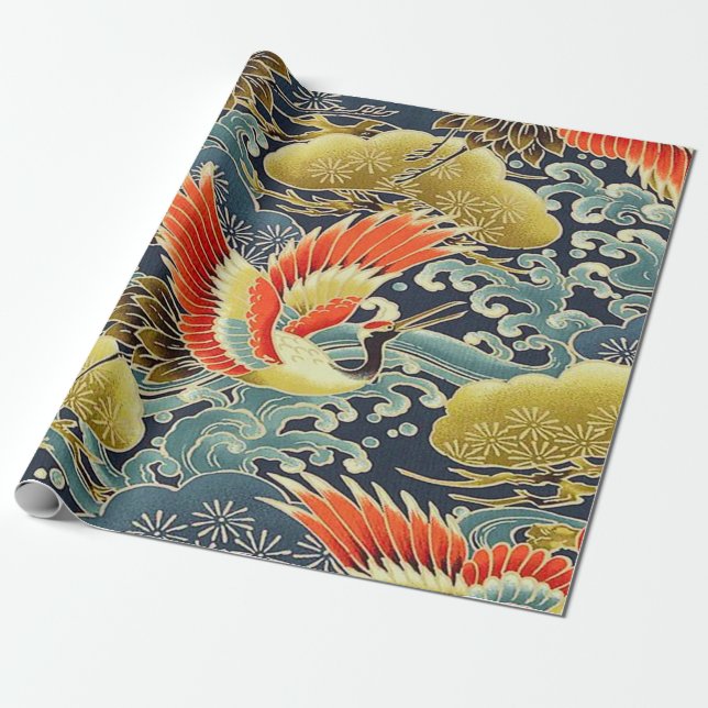 Gold Red Blue Japanese Kimono Floral Decoupage  Wrapping Paper (Unrolled)
