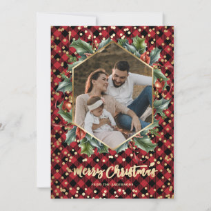Gold Red Buffalo Plaid Photo Christmas Cards