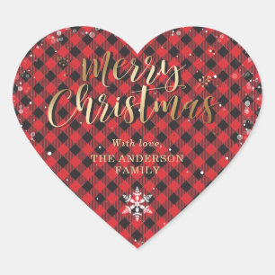 Gold Red Buffalo Plaid Snowflake Merry Christmas Heart Sticker