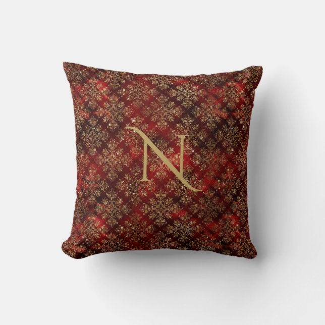 Gold Red Burgundy Monogram Damask Elegant Chic Cushion (Front)