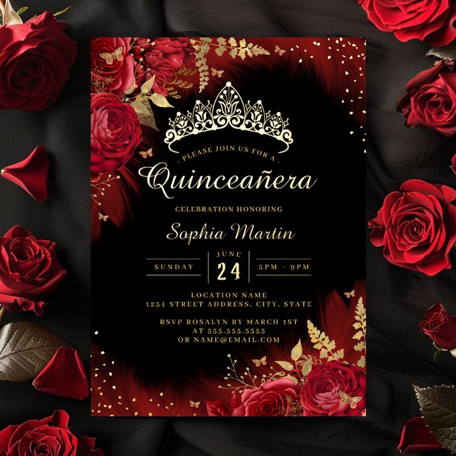 Gold Red Butterfly Floral Photo Quinceanera  (Creator Uploaded)