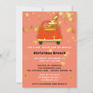 Gold Red Car Merry Christmas Brunch Dinner Coral Invitation