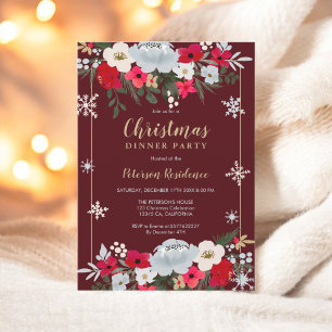 Gold Red Chic floral snowflake Christmas Invitation