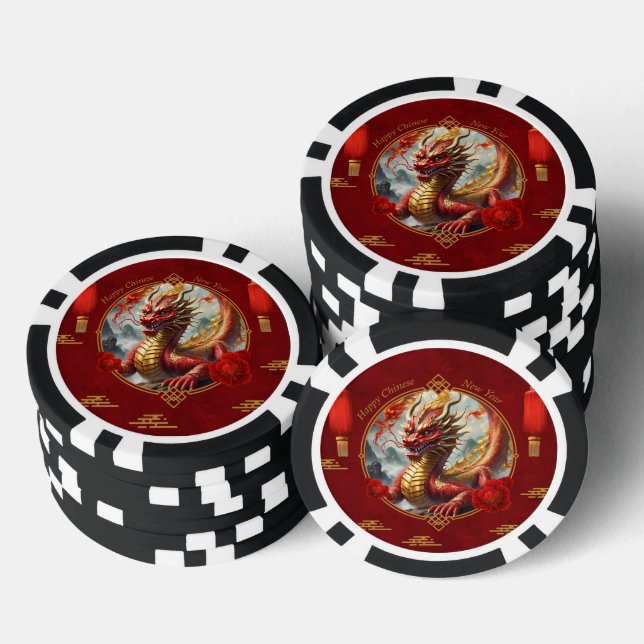 Gold red chinese dragon wish you a Happy new year. Poker Chips (Stack)