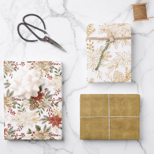 Gold Red Christmas Floral Wrapping Paper Sheet