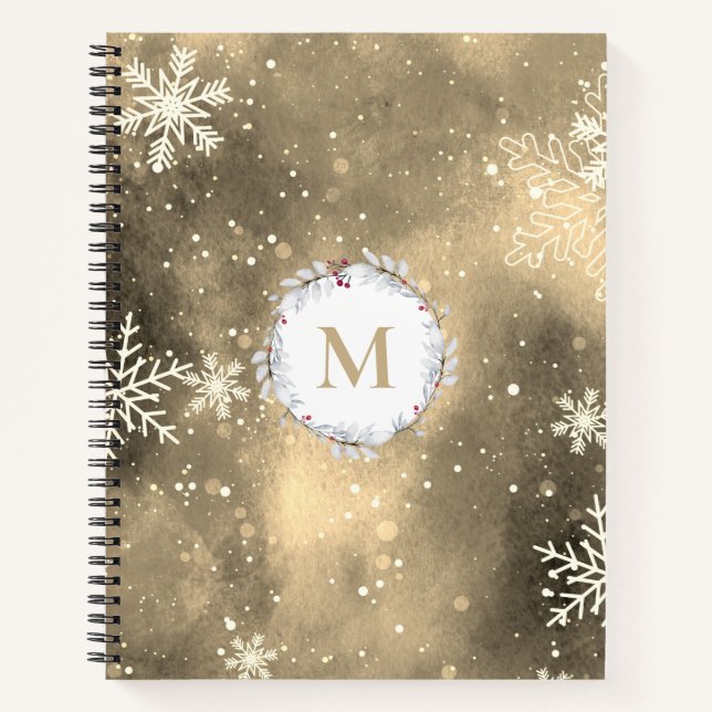 Gold Red Christmas Wreath Monogram Sketchbook Notebook (Front)