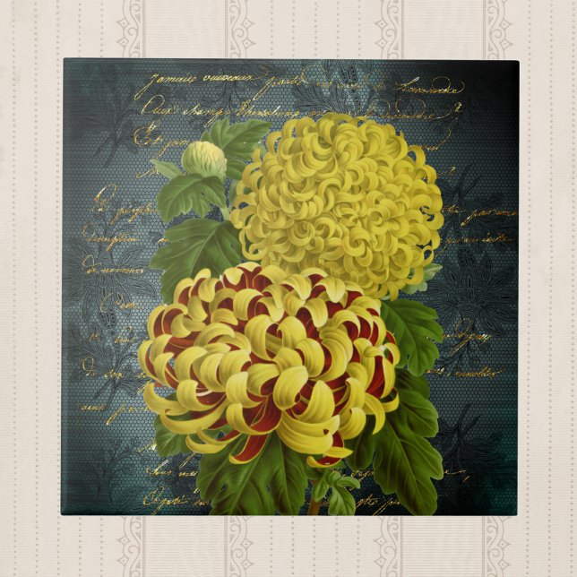 Gold Red Chrysanthemums on Teal Damask n Writing Ceramic Tile (Creator Uploaded)