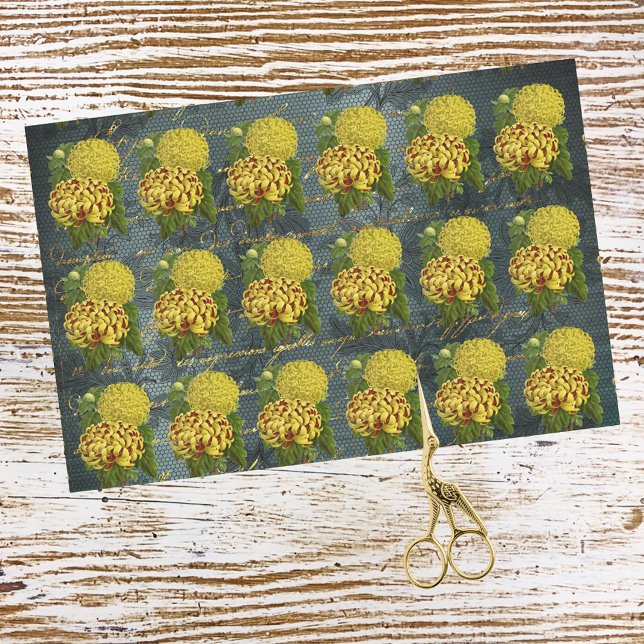 Gold Red Chrysanthemums on Teal Damask n Writing Tissue Paper (Creator Uploaded)