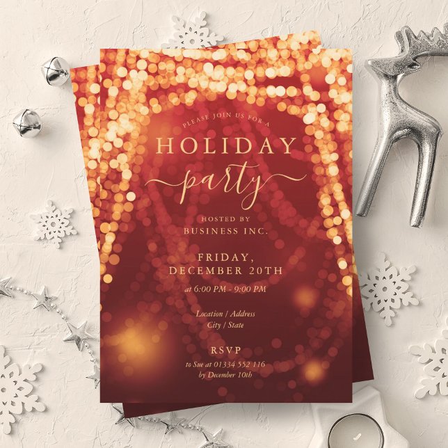 Gold Red Company Holiday Party String Lights Invitation (Gold Red Company Holiday Party String Lights Invitation)