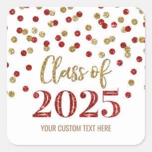 Gold Red Confetti Graduation 2025  Square Sticker