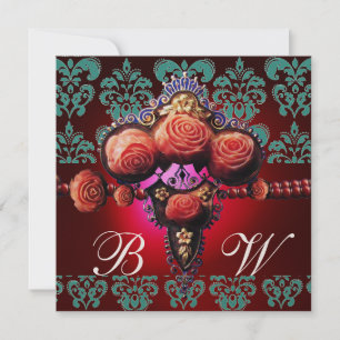 GOLD RED CORAL ROSES,BLUE BLACK DAMASK MONOGRAM INVITATION