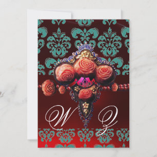 GOLD RED CORAL ROSES,BLUE BLACK DAMASK MONOGRAM INVITATION