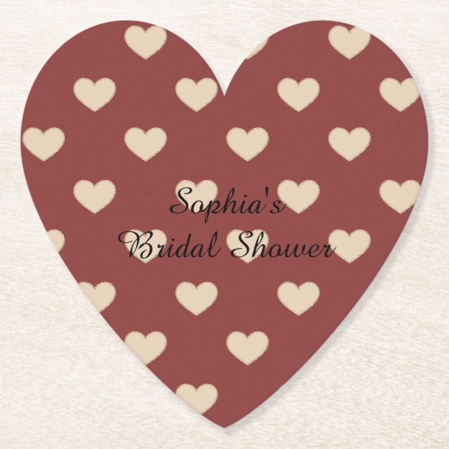 Gold Red Cream Glitter Hearts Bridal Shower Paper Coaster (Front)