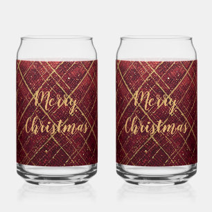 Gold Red Cross Pattern, Gold Merry Christmas , Can Glass
