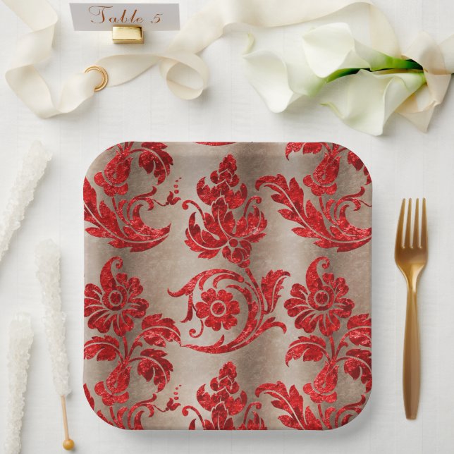 Gold Red Damask  Paper Plate (Wedding)