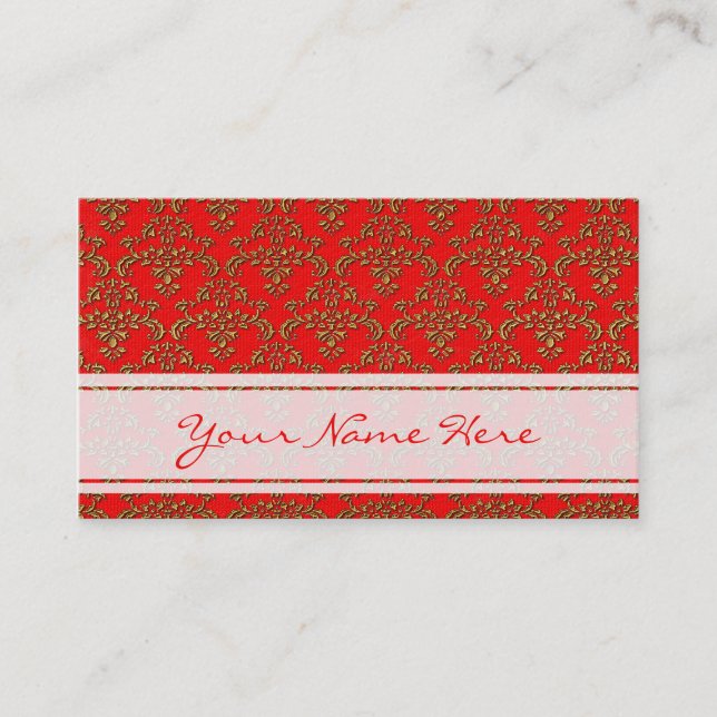 Gold & Red  Damask Pattern Business Card (Front)