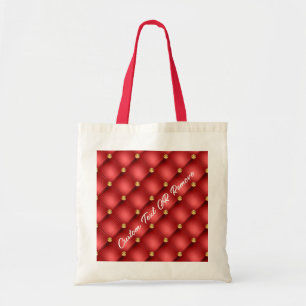 Gold Red Diamond Tufted Leather Custom Text Name Tote Bag