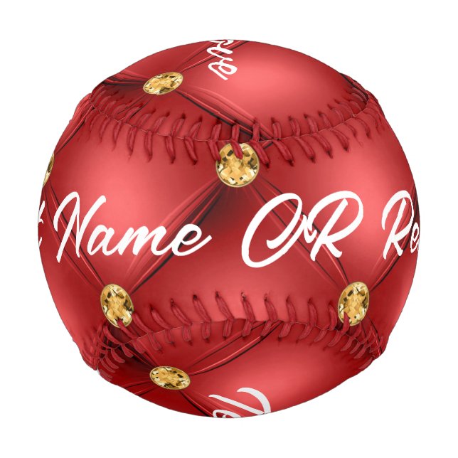 Gold Red Diamond Tufted Leather Text Name Baseball (Front)