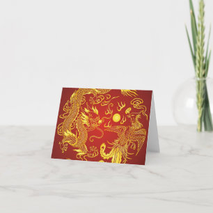 Gold Red Dragon Phoenix Chinese Wedding Favour Card