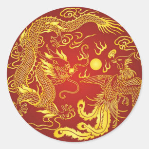 Gold Red Dragon Phoenix Chinese Wedding Favour Classic Round Sticker