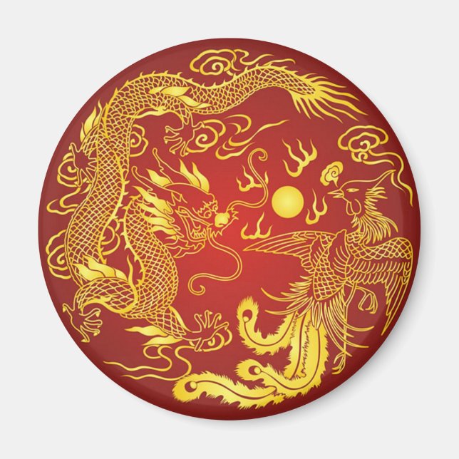 Gold Red Dragon Phoenix Chinese Wedding Favour Magnet (Front)