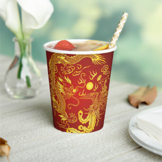 Gold Red Dragon Phoenix Chinese Wedding Favour Paper Cups