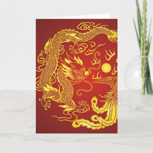 Gold Red Dragon Phoenix Chinese Wedding Favour Thank You Card